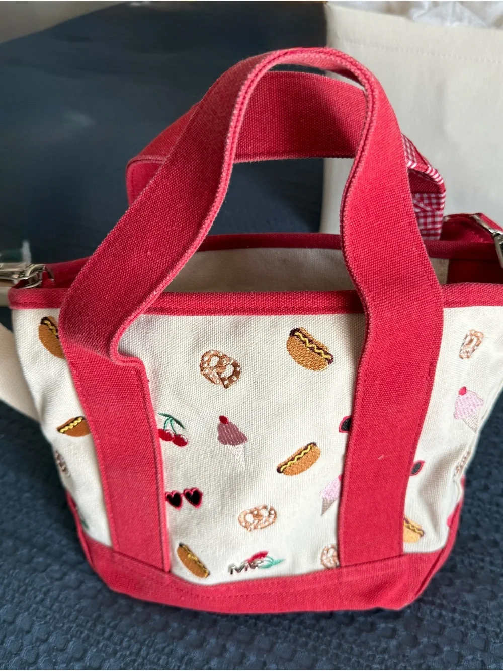Madden Girl Red & Cream Canvas Kids Tote with Pom-Pom Charm